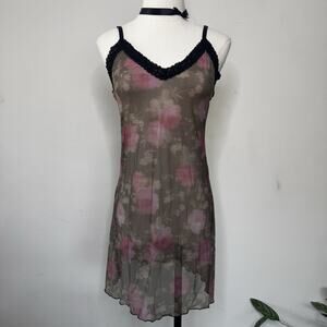 Vintage Sheer Purple Floral Mesh Black Lace Babydoll Slip Dress Lingerie Goth M
